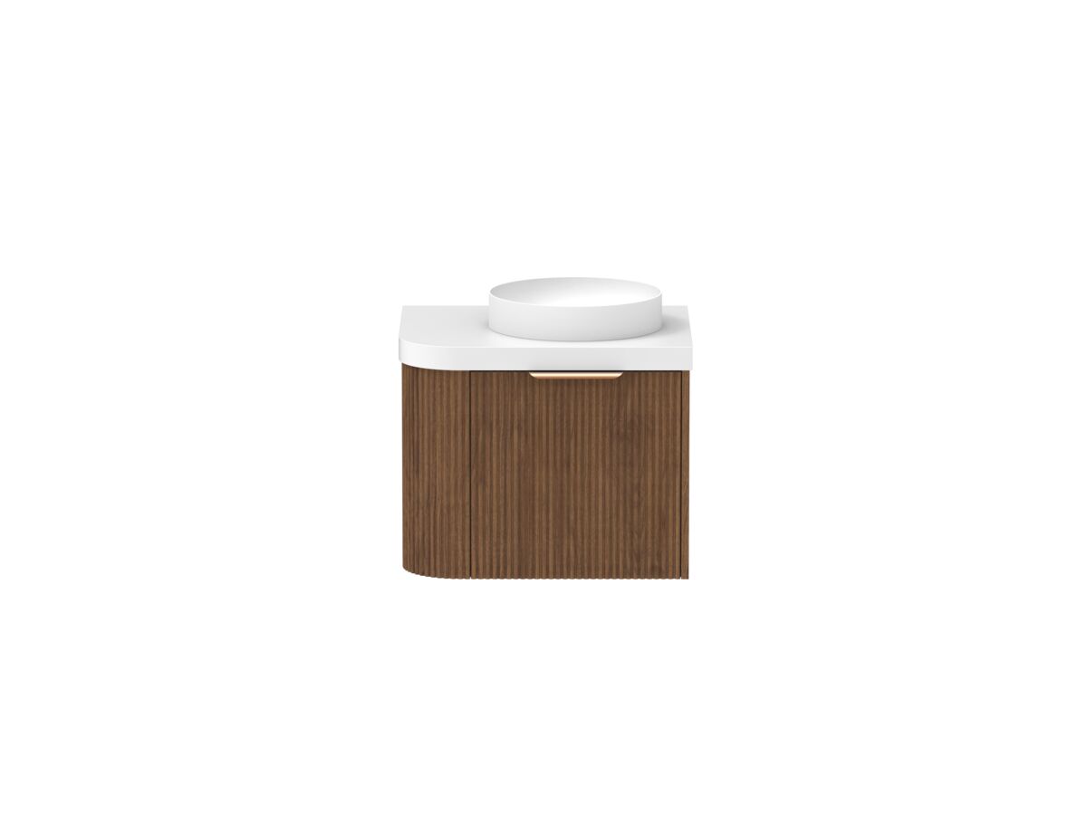 Supporting Image - Kado Neue Fluted Single Curve All Drawer 600mm Wall Hung Vanity with Centre Basin Durasein 50mm Top Florentine Walnut