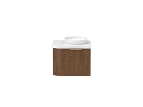 Supporting Image - Kado Neue Fluted Single Curve All Drawer 600mm Wall Hung Vanity with Centre Basin Durasein 50mm Top Florentine Walnut
