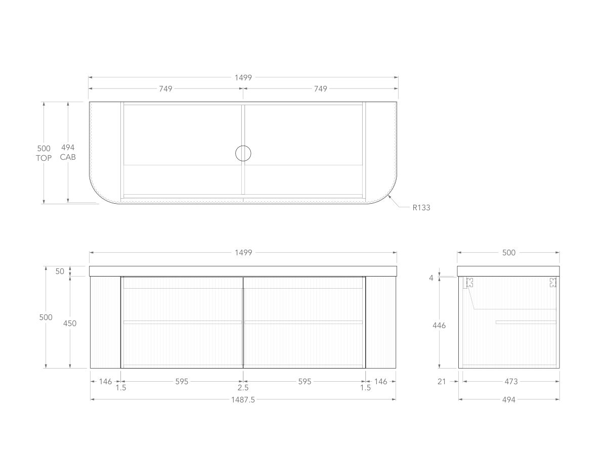 Technical Drawing - Kado Neue Fluted Double Curve All Door 1500mm Wall Hung Vanity with Centre Basin Durasein 50mm Top