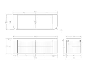 Technical Drawing - Kado Neue Fluted Double Curve All Door 1500mm Wall Hung Vanity with Centre Basin Durasein 50mm Top