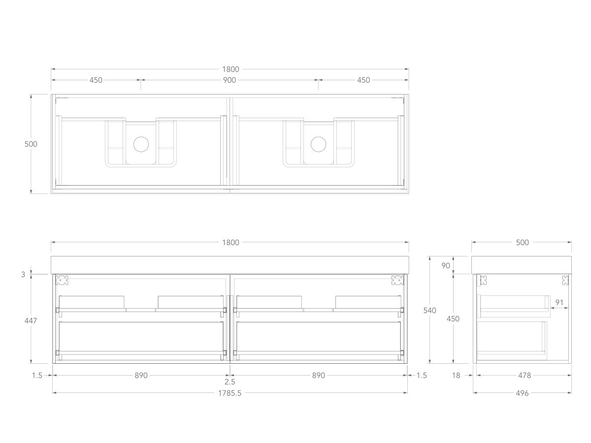 Technical Drawing - Kado Lux Slim All Drawer 1800mm Wall Hung Vanity with Double Basin 90mm Top