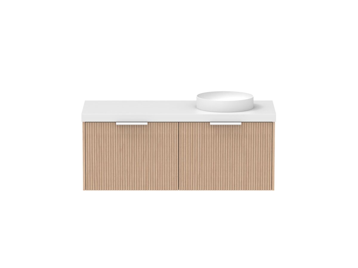 Supporting Image - Kado Neue Fluted Square All Drawer 1200mm Wall Hung Vanity with Right Hand Basin 50mm Top Blonde Oak