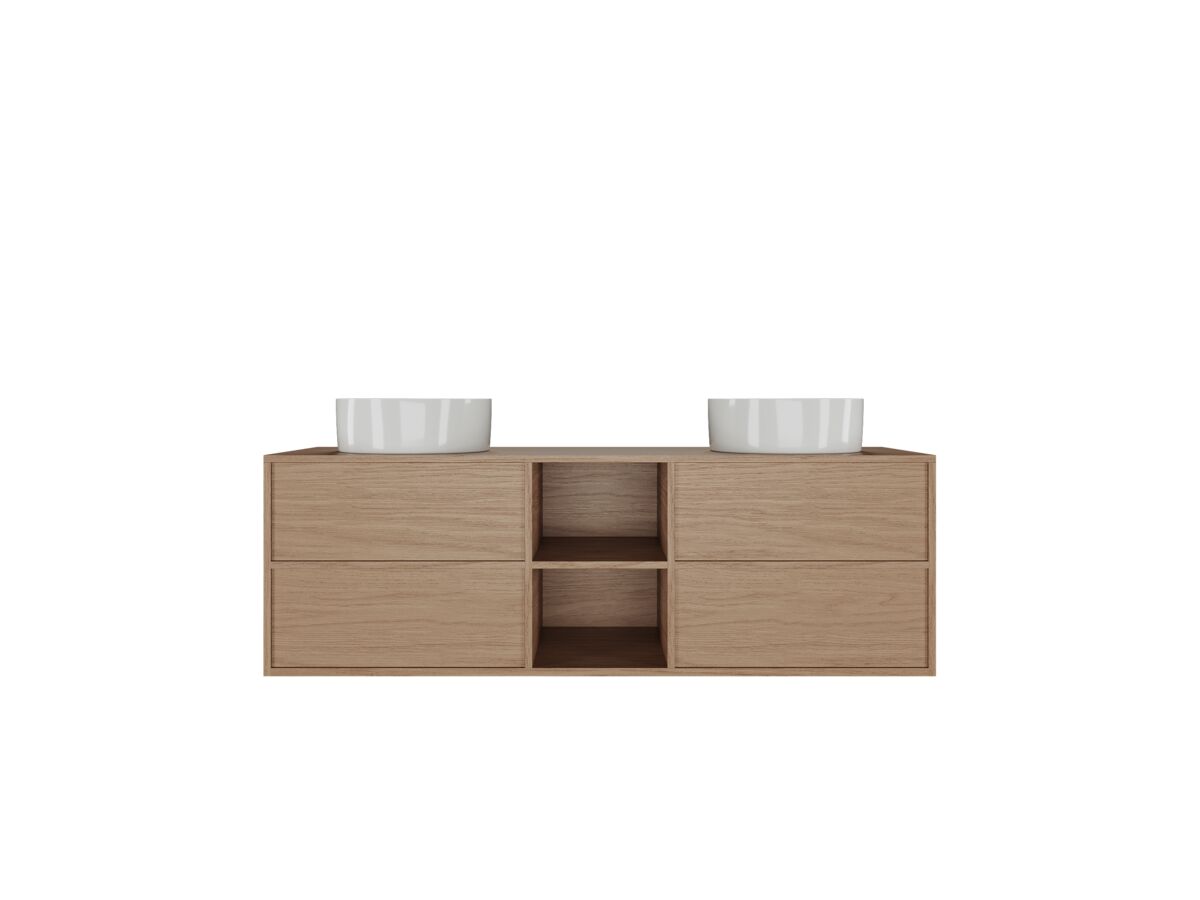 Supporting Image - Kado Aspect 1500mm Wall Hung Vanity Unit with Shelf Double Bowl Timber Top - Boston Oak