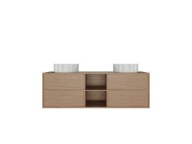 Supporting Image - Kado Aspect 1500mm Wall Hung Vanity Unit with Shelf Double Bowl Timber Top - Boston Oak