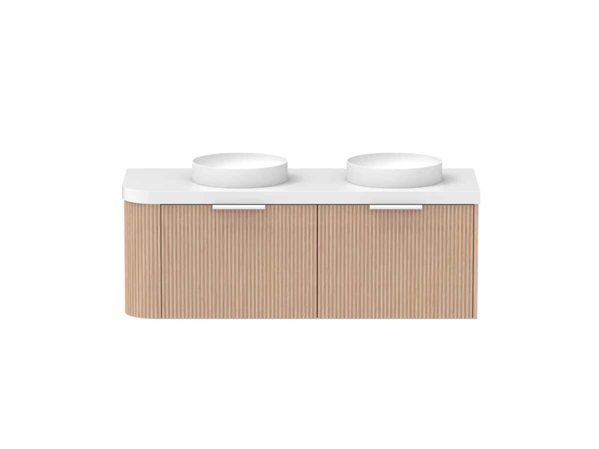 Supporting Image - Kado Neue Fluted Single Curve All Drawer 1350mm Wall Hung Vanity with Double Basin Durasein 50mm Top Blonde Oak