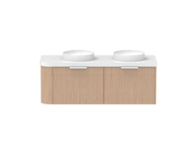 Supporting Image - Kado Neue Fluted Single Curve All Drawer 1350mm Wall Hung Vanity with Double Basin Durasein 50mm Top Blonde Oak