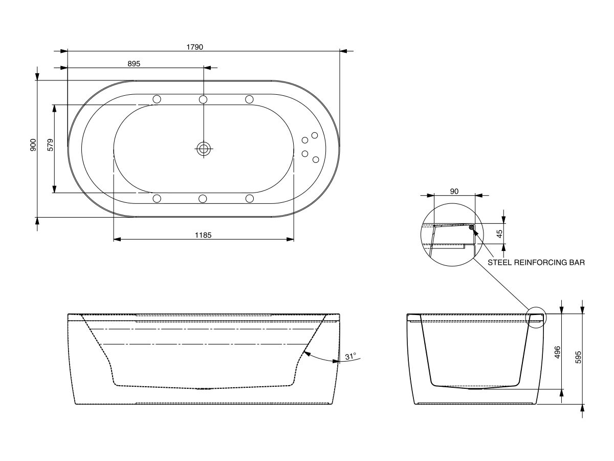 Decina Isle MKII 1790mm Freestanding 10 Jet Spa Bath