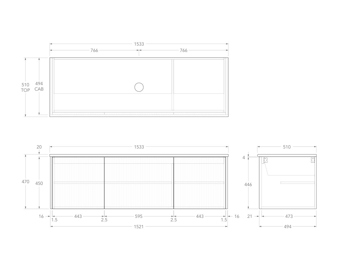 Technical Drawing - Kado Neue Fluted Square All Door 1500mm Wall Hung Vanity with Centre Basin 20mm Top