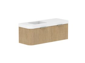 Supporting Image 2- Kado Neue Fluted Single Curve All Drawer 1350mm Wall Hung Vanity with Left Hand Basin Durasein 90mm Top Boston Oak