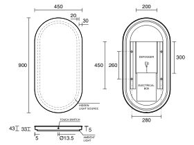 Technical Drawing - Kado Aspect Pill Veil LED Mirror 900mm x 450mm