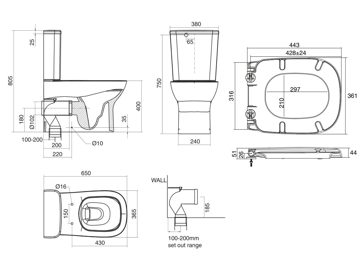 Posh Domaine Rimless Close Coupled Back to Wall Toilet Suite Back Inlet with Soft Close Quick Release Seat (4 Star)