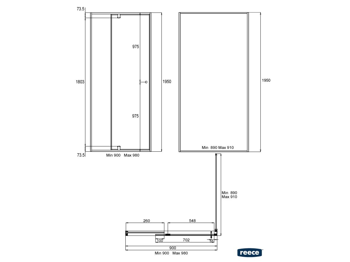 Creative Glass Semi-Framed Adjustable Front & Return tiles shower screen with pivot door - Height 1950 x Front 901-980 x Return 890-910. 6mm Clear toughened glass and Polished Silver frame.