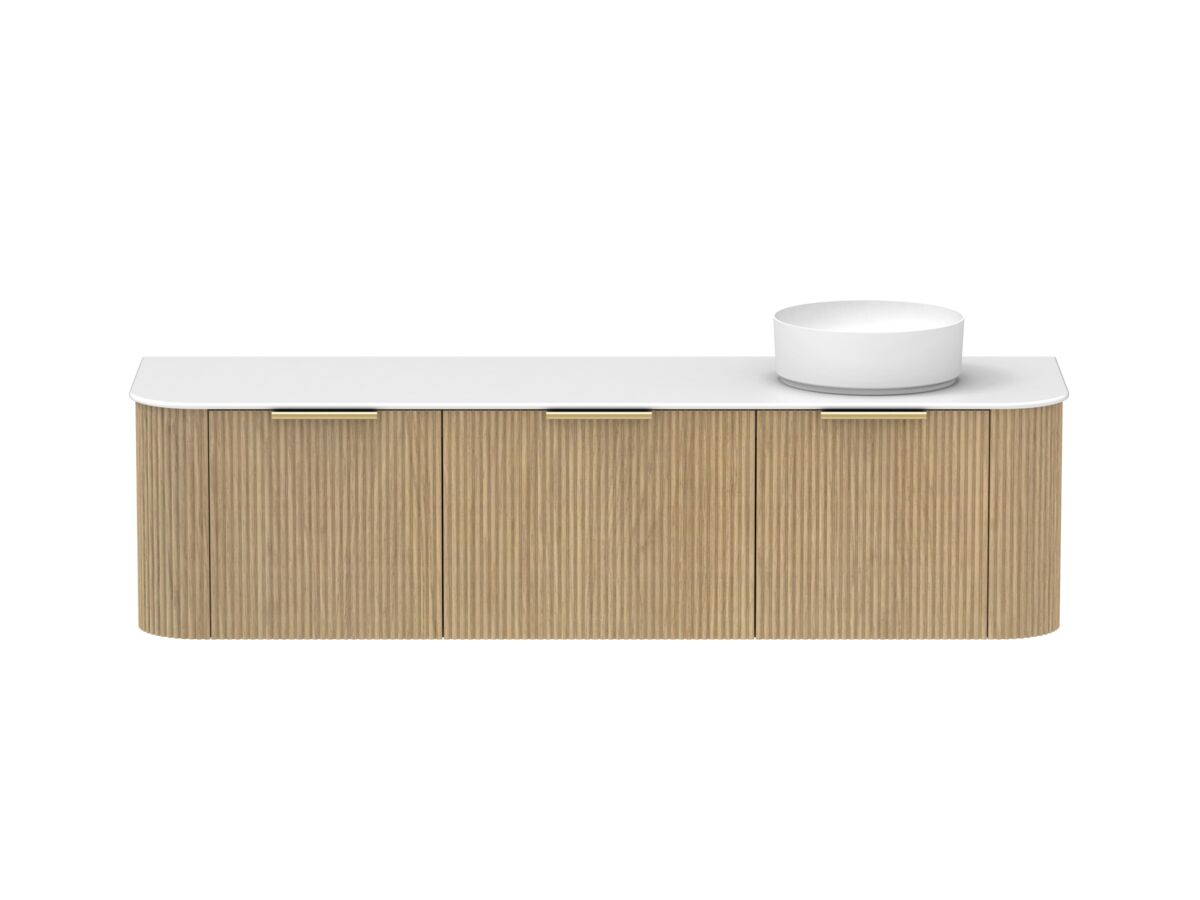 Supporting Image - Kado Neue Fluted Double Curve All Drawer 1800 Wall Hung Vanity with Right Hand Basin Durasein 12mm Top Boston Oak