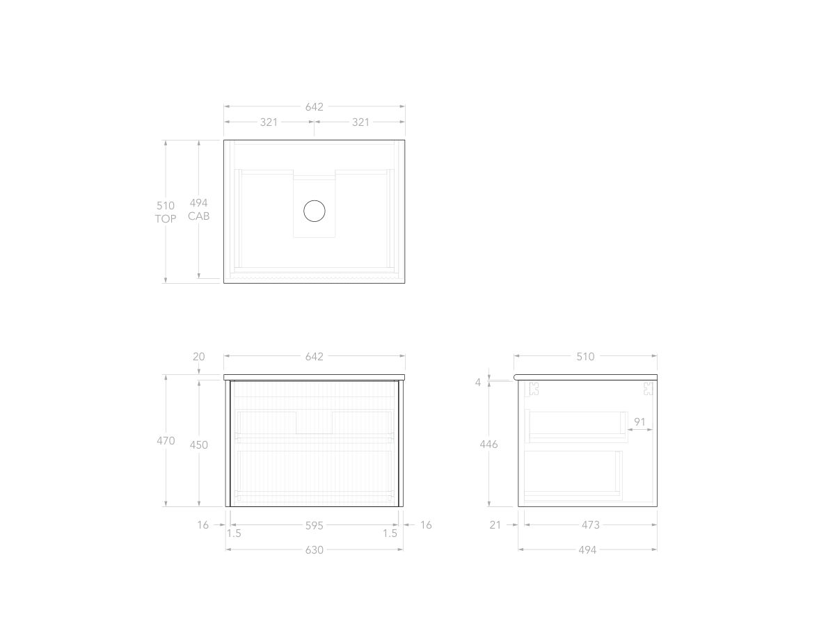 Technical Drawing - Kado Neue Fluted Square All Drawer 600mm Wall Hung Vanity with Centre Basin 20mm Top