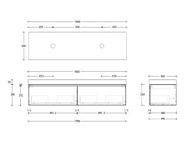 Technical Drawing - Posh Domaine 1800mm Wall Hung Vanity Unit All-Drawer Double Bowl 90mm Top