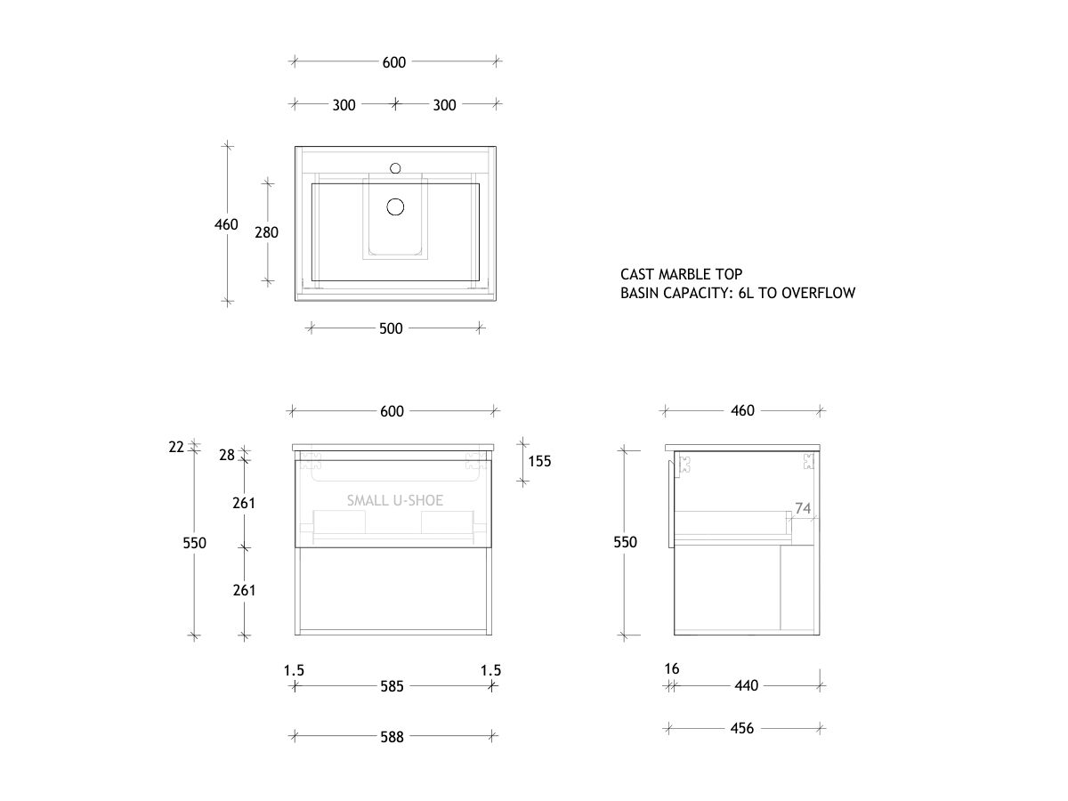 Posh Domaine Open Shelf All-Drawer 600mm Wall Hung Vanity Cast Marble Top
