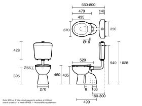 Technical Drawing - Wolfen Care Plastic Link Toilet Suite with Concealed S Trap Single Flap Seat (4 Star)