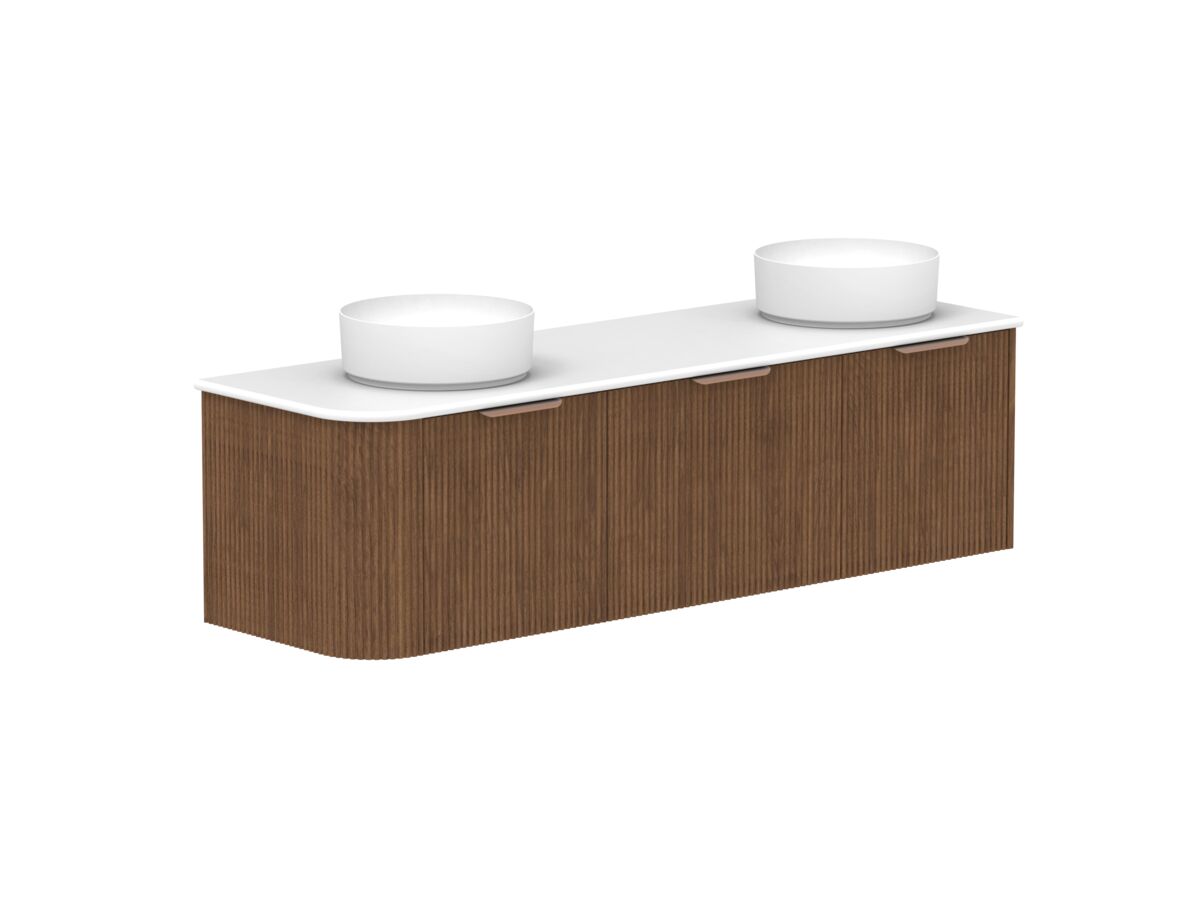 Hero - Kado Neue Fluted Single Curve All Drawer 1650mm Wall Hung Vanity with Double Basin 20mm Top Florentine Walnut