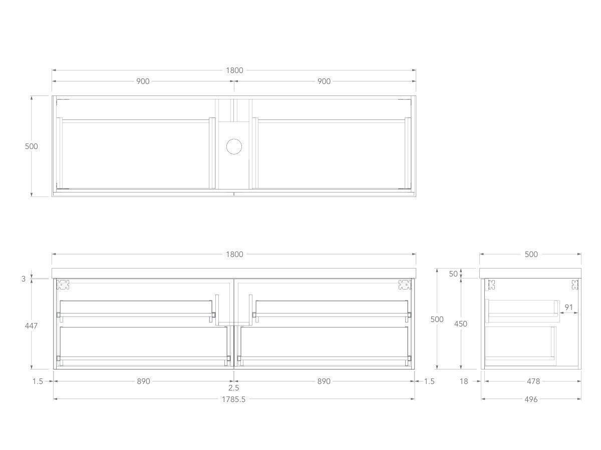 Technical Drawing - Kado Lux Slim All Drawer 1800mm Wall Hung Vanity with Centre Basin 50mm Top