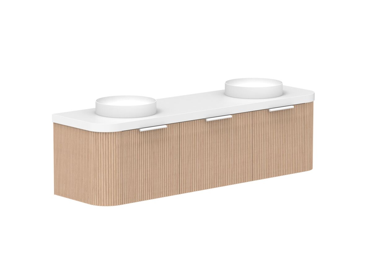 Supporting Image 2- Kado Neue Fluted Double Curve All Drawer 1800mm Wall Hung Vanity with Double Basin Durasein 50mm Top Blonde Oak