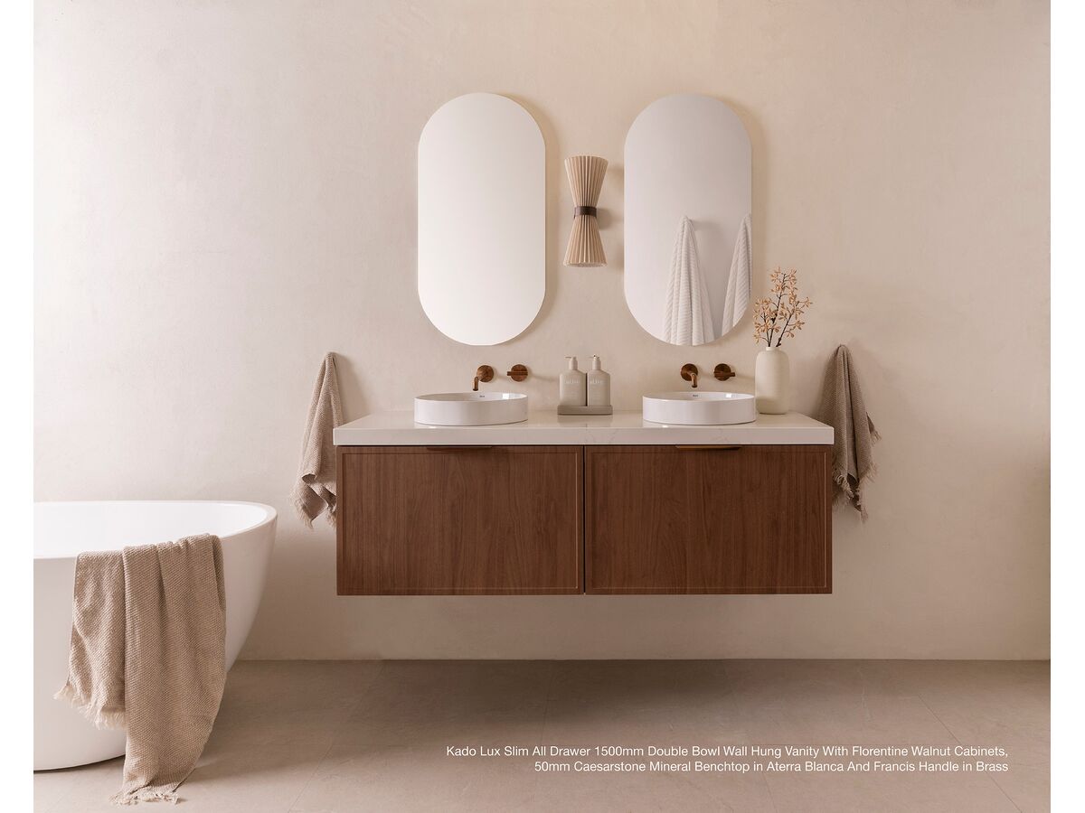Kado Lux Slim All Drawer 1500mm Double Bowl Wall Hung vanity with Florentine Walnut cabinets, 50mm Caesarstone Mineral benchtop in Aterra Blanca and Francis handle in Brass