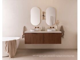 Kado Lux Slim All Drawer 1500mm Double Bowl Wall Hung vanity with Florentine Walnut cabinets, 50mm Caesarstone Mineral benchtop in Aterra Blanca and Francis handle in Brass