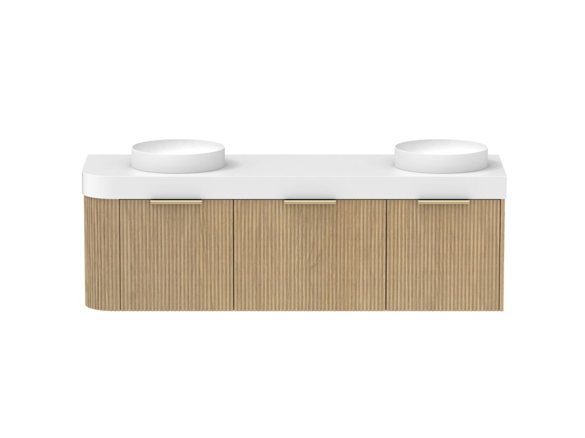 Supporting Image - Kado Neue Fluted Single Curve All Drawer 1650mm Wall Hung Vanity with Double Basin Durasein 90mm Top Boston Oak