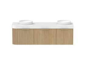 Supporting Image - Kado Neue Fluted Single Curve All Drawer 1650mm Wall Hung Vanity with Double Basin Durasein 90mm Top Boston Oak