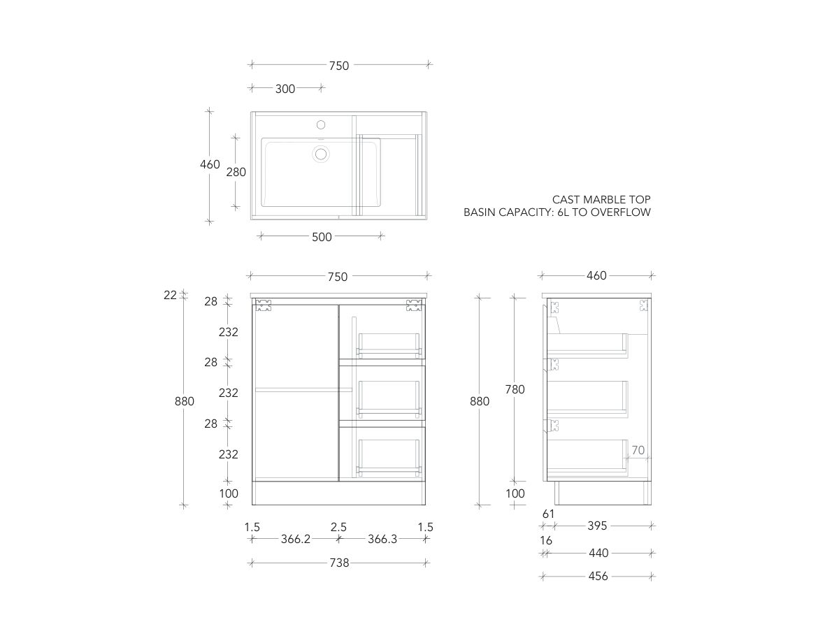 Posh Domaine Conventional 750mm Floor Mounted Vanity Unit Cast Marble Left Hand Basin
