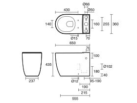 Technical Drawing - Kado Lussi Close Coupled Back to Wall Rimless Overheight Bottom Inlet Pan White (4 Star)