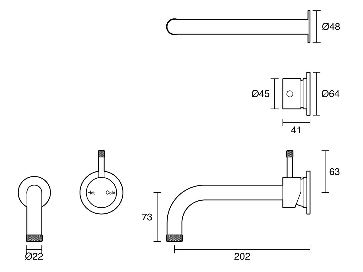 Technical Drawing - Sussex Scala Nova Wall Basin/Bath Mixer System 200mm (5 Star) Lead Free