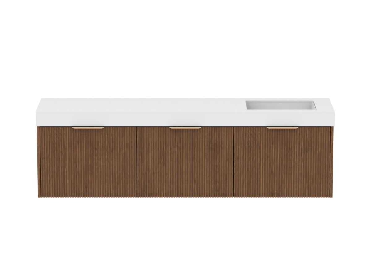 Supporting Image - Kado Neue Fluted Square All Drawer 1800mm Wall Hung Vanity with Right Hand Basin 90mm Top Florentine Walnut