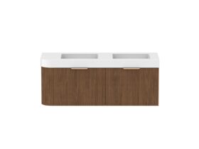 Supporting Image - Kado Neue Fluted Single Curve All Drawer 1350mm Wall Hung Vanity with Double Basin Durasein 90mm Top Florentine Walnut