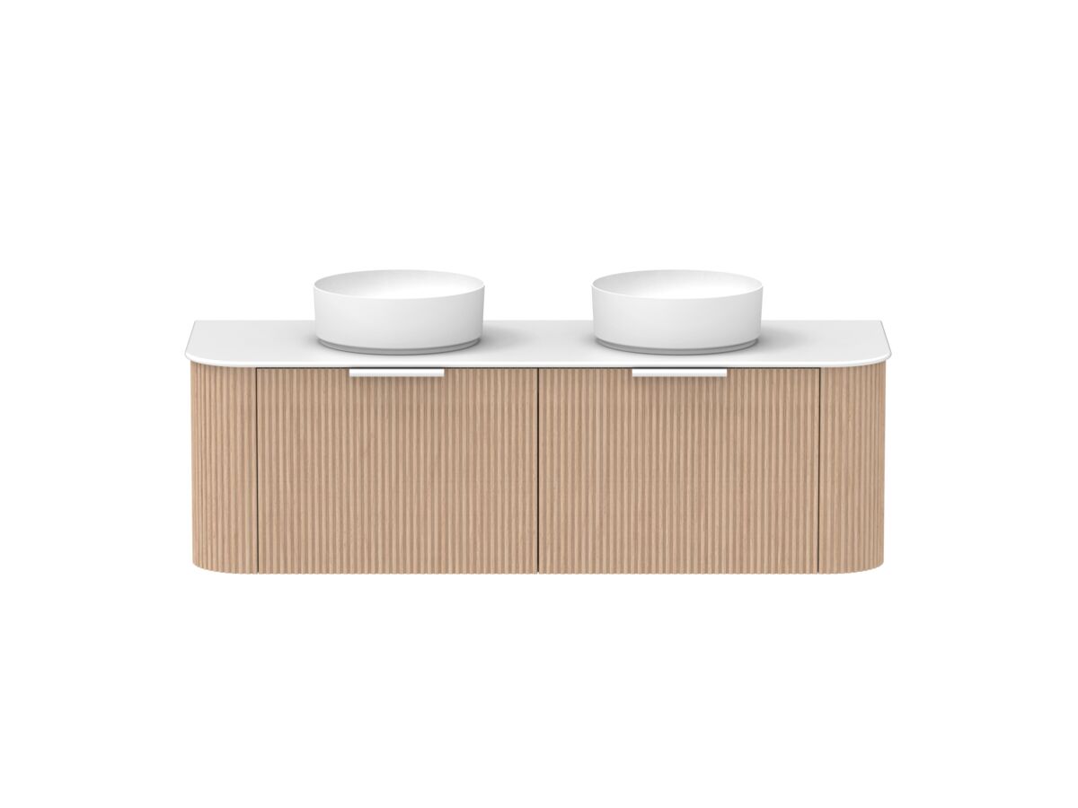 Supporting Image - Kado Neue Fluted Double Curve All Drawer 1500 Wall Hung Vanity With Double Basin Durasein 12mm Top Blonde Oak