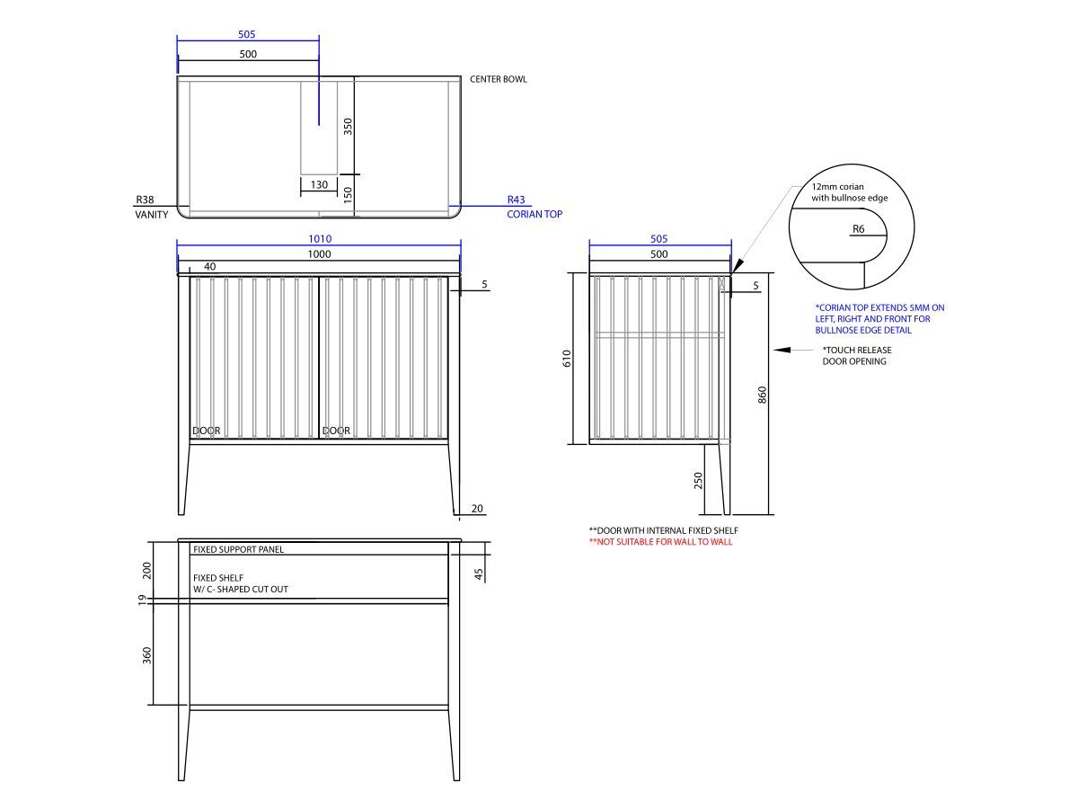 ISSY Cloud I 1000mm x 500mm x 860mm Vanity Unit with Legs 2 Touch Latch Doors Semi Inset (No Basin)
