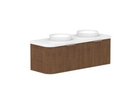 Hero - Kado Neue Fluted Single Curve All Drawer 1350mm Wall Hung Vanity with Double Basin Durasein 50mm Top Florentine Walnut