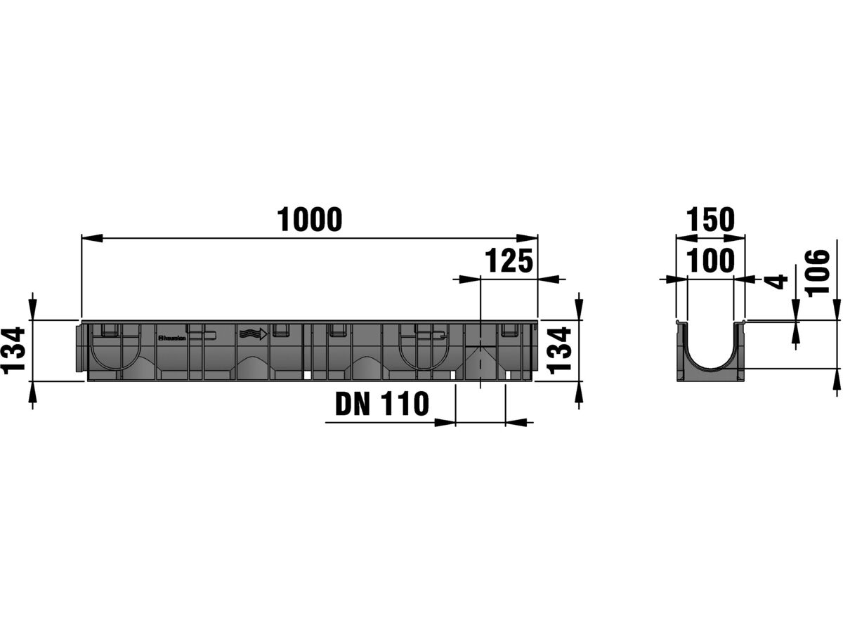 Hauraton 100mm PP Channel with Stainless Steel H/G 1M