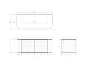 Technical Drawing - Kado Neue Fluted Double Curve All Door 1200mm Wall Hung Vanity with Centre Basin Durasein 12mm Top