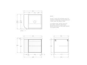 Technical Drawing - Kado Neue Fluted Single Curve All Door 600mm Wall Hung Vanity with Centre Basin Durasein 50mm Top