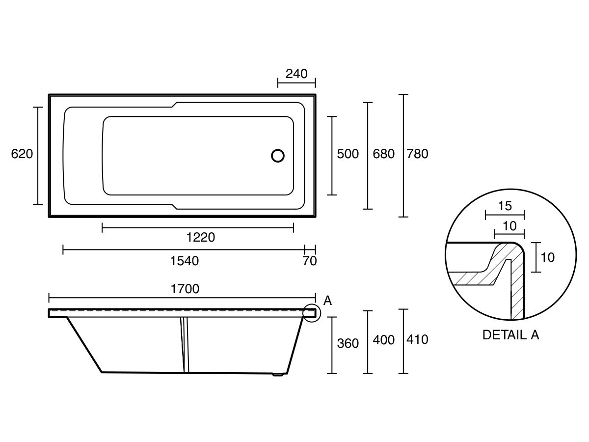 Technical Drawing - Posh Domaine Shower Bath 1700 x 780 x 410mm White