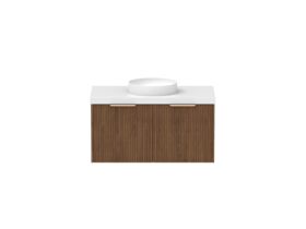 Supporting Image - Kado Neue Fluted Square All Drawer 900mm Wall Hung Vanity with Centre Basin 50mm Top Florentine Walnut