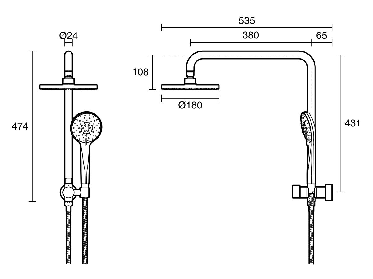 Technical Drawing - Posh Bristol MK2 Short Twin Shower Matte Black and Brushded Nickel (3 Star)