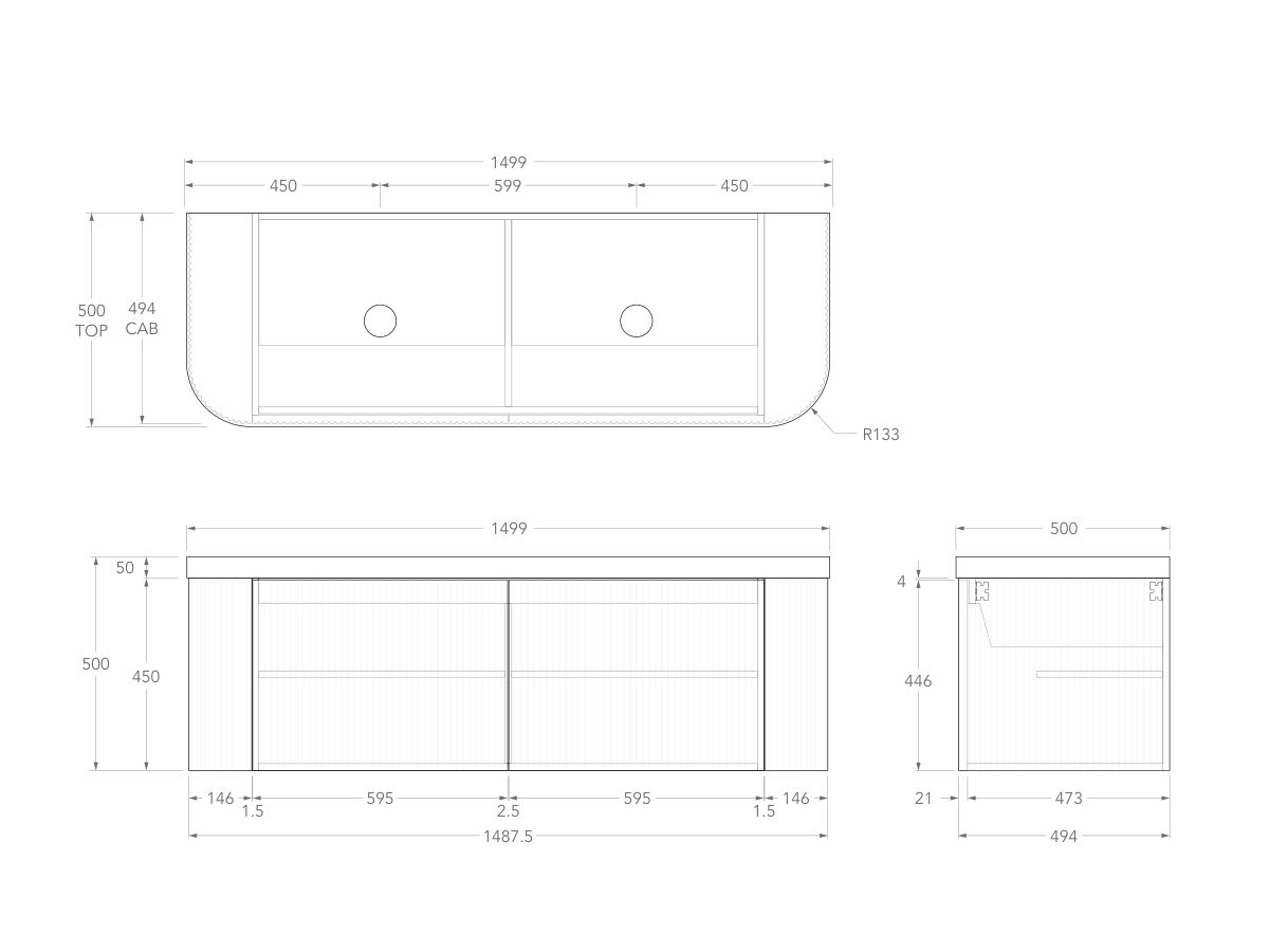 Technical Drawing - Kado Neue Fluted Double Curve All Door 1500mm Wall Hung Vanity with Double Basin Durasein 50mm Top