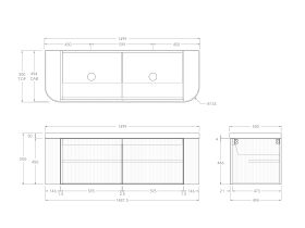 Technical Drawing - Kado Neue Fluted Double Curve All Door 1500mm Wall Hung Vanity with Double Basin Durasein 50mm Top