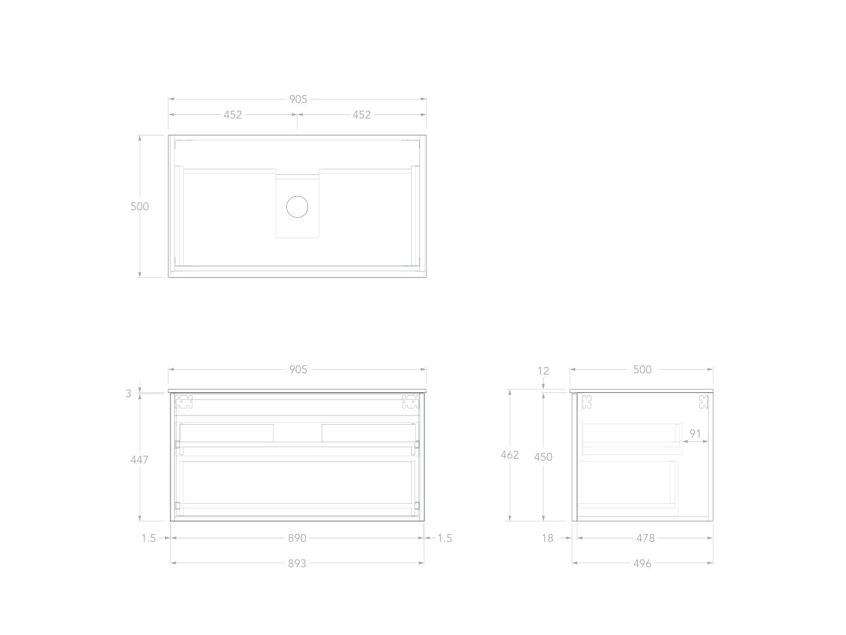 Technical Drawing - Kado Lux Slim All Drawer 900mm Wall Hung Vanity with Centre Basin Durasein Top 12mm