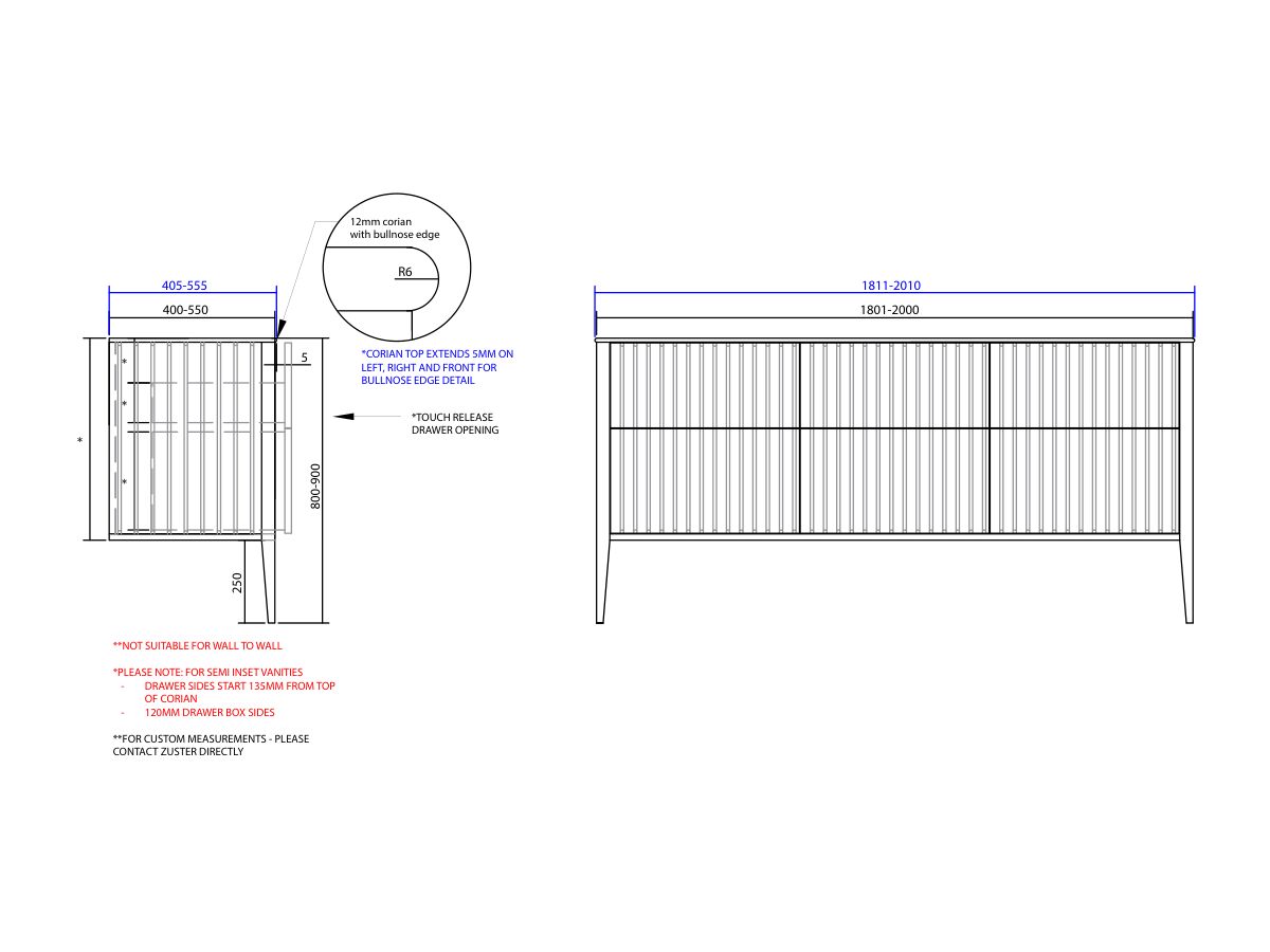 ISSY Custom Cloud II 1801-2000mm x 400-550mm x 800-900mm Vanity Unit with Legs 6 Touch Latch Drawers Semi Inset (No Basin)