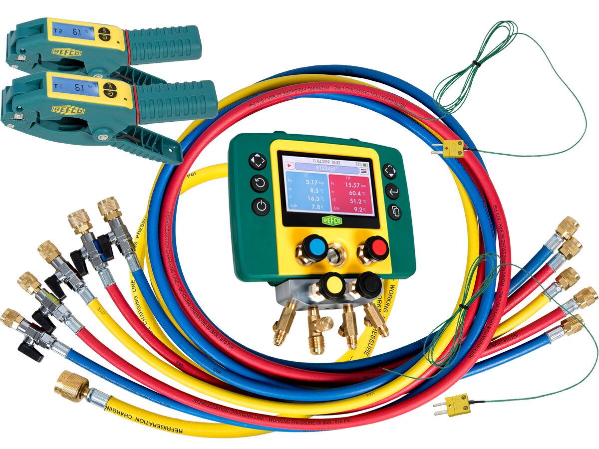 Refmate 4 Digital Manifold With 2 Temperature Sensors & 5 x 60" Hoses With Ball Valves & 2 Wireless Temperature Clamps