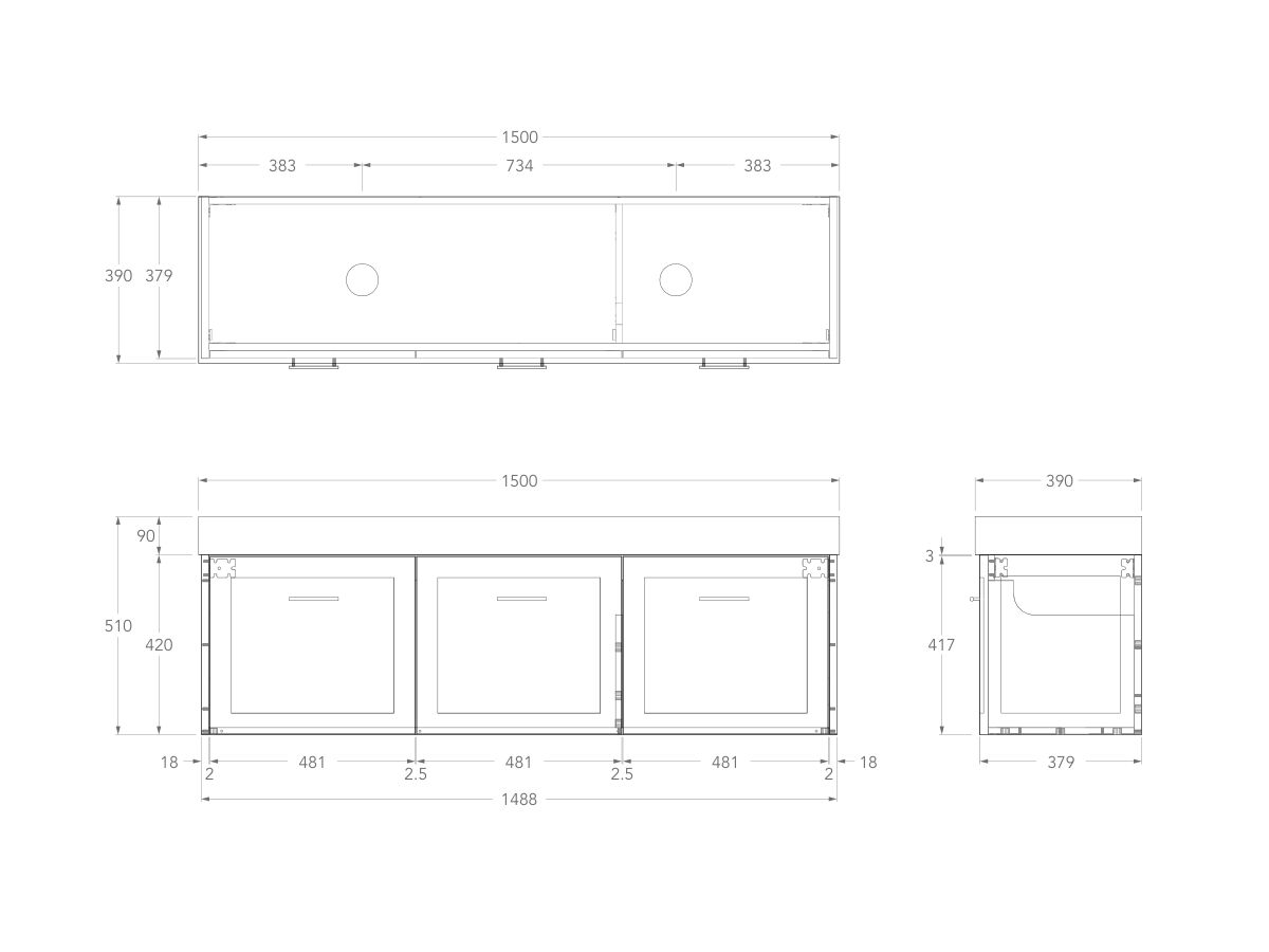 Technical Drawing - Kado Lux Ensuite All Door 1500mm Wall Hung Double Basin 90mm Top
