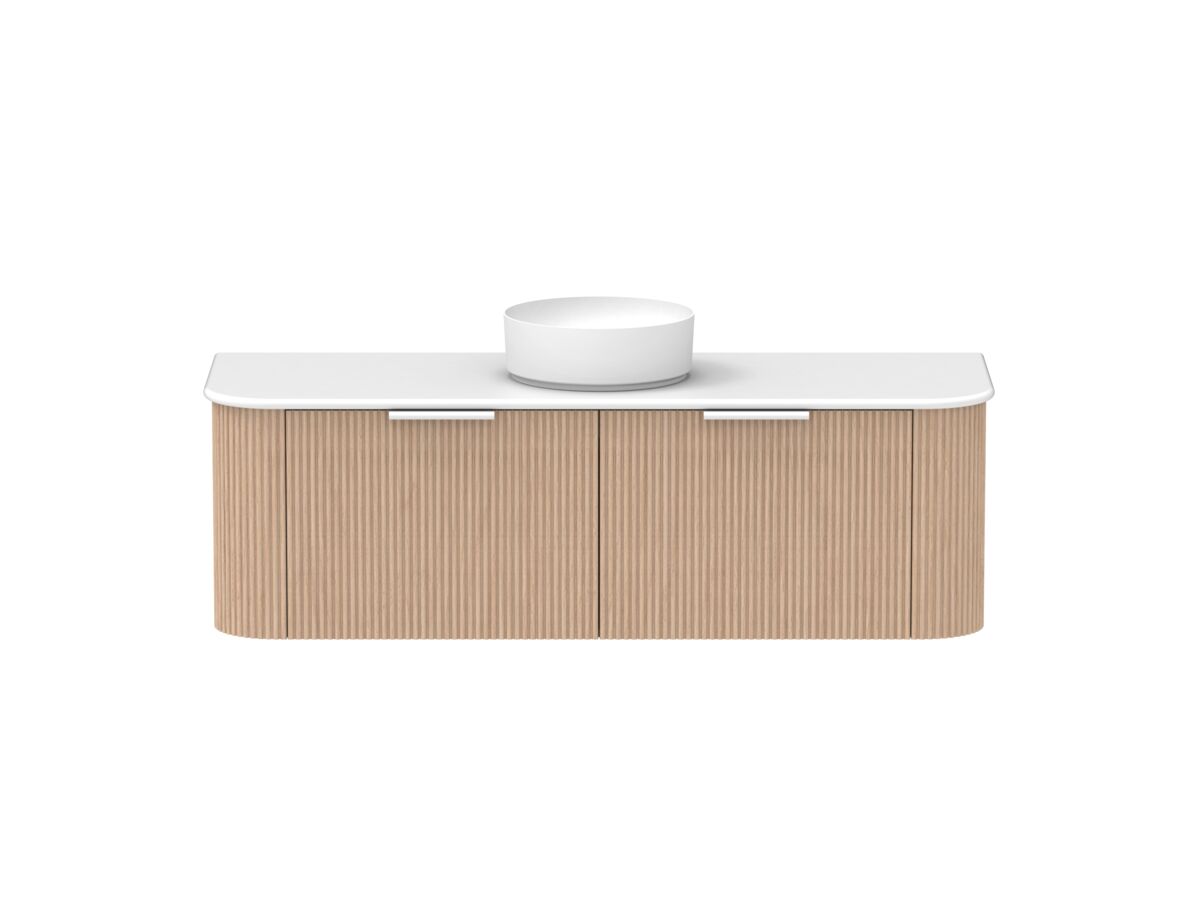 Supporting Image - Kado Neue Fluted Double Curve All Drawer 1500 Wall Hung Vanity with Centre Basin20mm Blonde Oak