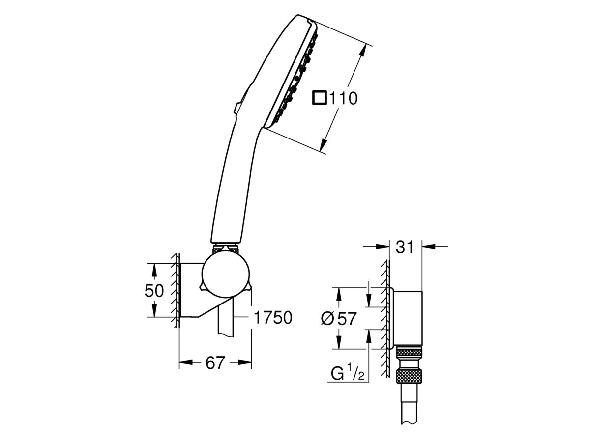 Technical Image - GROHE Tempesta Cube Hand Shower and Bracket